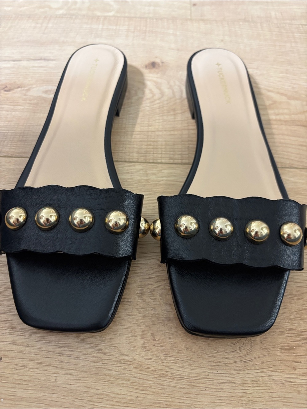 Tuckernuck Black Slide Sandals with Gold Studs